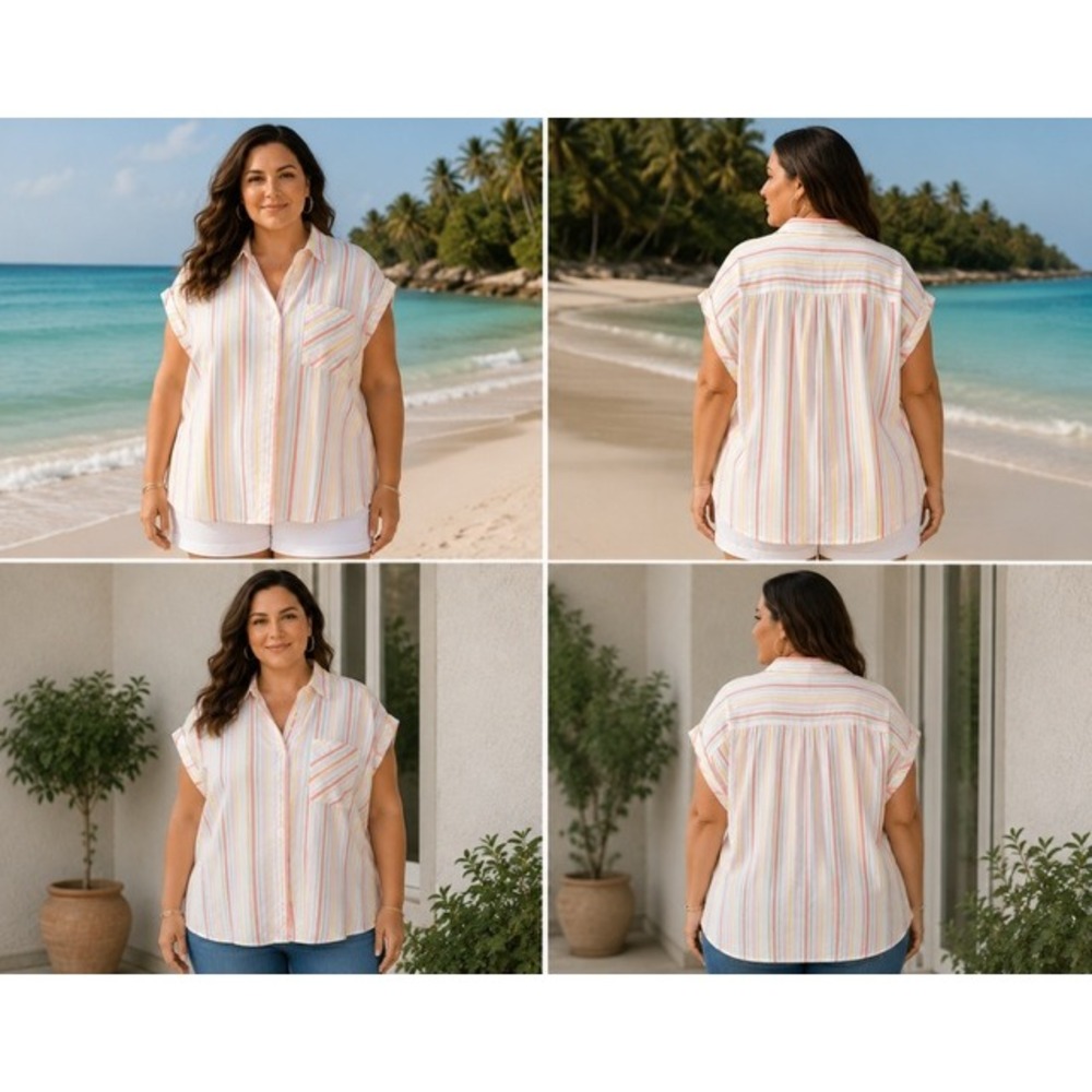 Tommy Hilfiger Womens 3X Pastel Striped Button Up Short Sleeve Shirt Multi Color